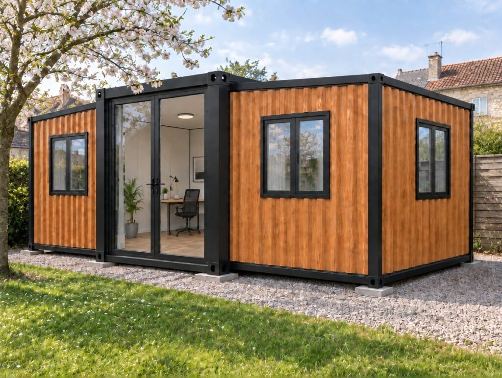 Maison pliable Otini 16 en bardage bois au fond d'un jardin