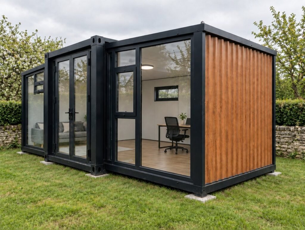 Maison pliable Otini 16 vitrée installée dans un jardin