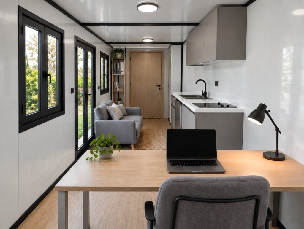 Otini 16 aménagé en bureau de jardin : bureau, petit canapé, kitchenette et salle d'eau