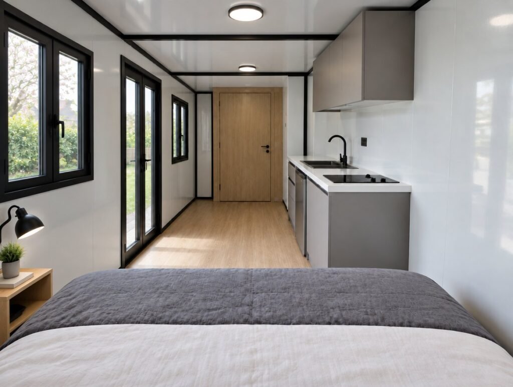 Otini 16 aménagé en studio : lit, kitchenette et porte de la salle d'eau