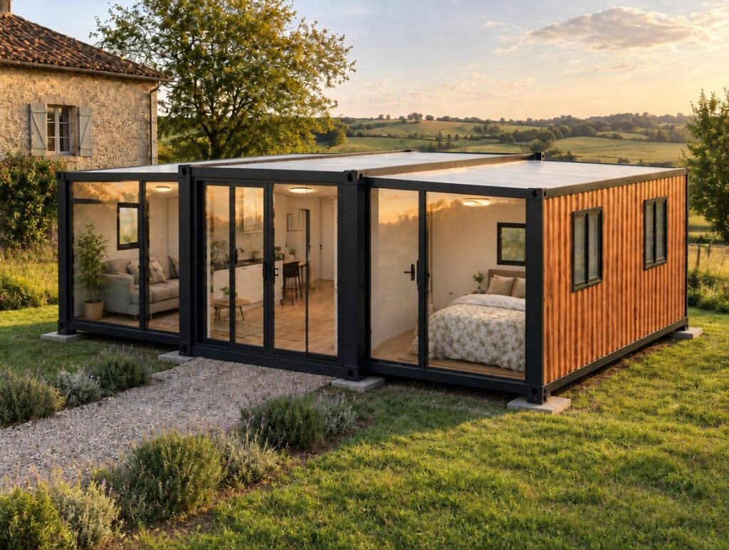 Maison pliable Otini 37 panoramique installée à la campagne