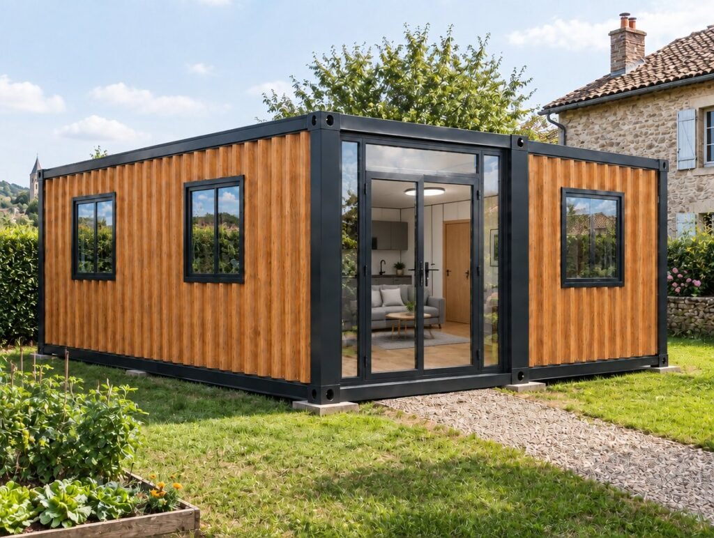 Maison pliable Otini 28 installée dans le jardin d'une maison de village